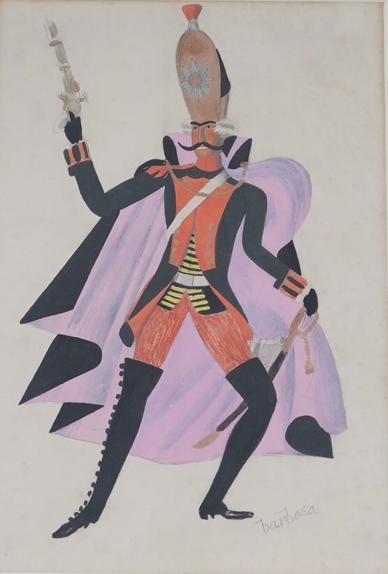 Arthur E. Barbosa (1909-1995), ink and watercolour, Full length study of a gentleman wearing military dress, signed, ex: Abbott & Holder, 26 x 18cm. Condition - fair